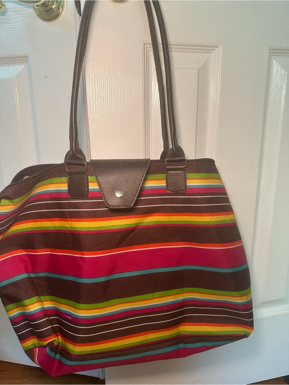 Striped Multicolor Tote Bag with Brown Trim